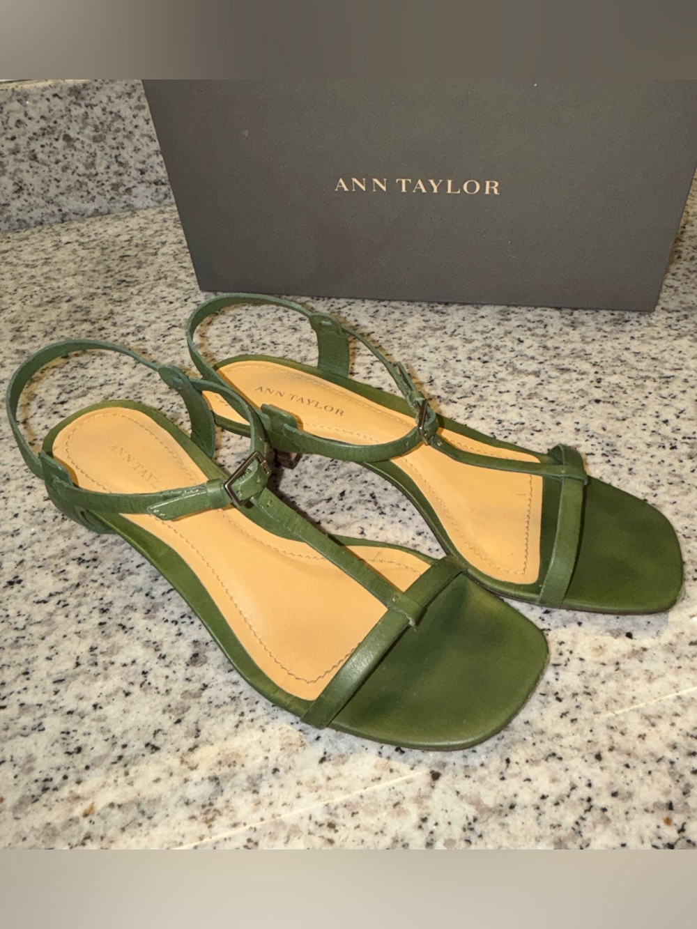 Ann Taylor Green Leather T-Strap Sandals Size 5 Kitten Heel